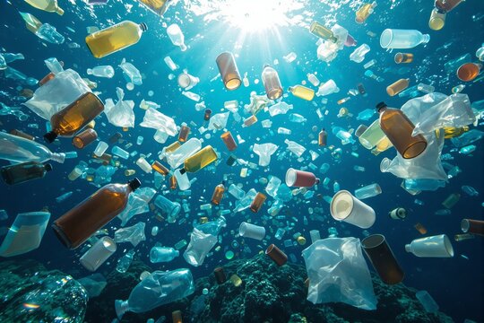 Plastic bottles and bags floating underwater in a creative environmental design on a blue ocean background with sunlight, symbolizing pollution impact. Ai generative