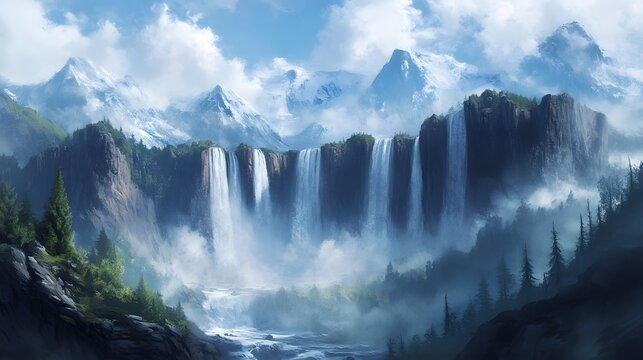 A dramatic waterfall crashing down a rocky cliff, mist rising into the sky - Powered by Adobe