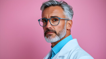 Portrait of a Serious Mature Man with Grey Hair Wearing Glasses and a White Coat Against a Pink Background