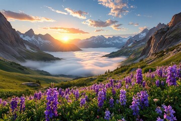 Colorful mountain valley with blooming purple flowers, creative dreamy style, misty sunrise background, concept of peaceful nature scenery, Ai generative