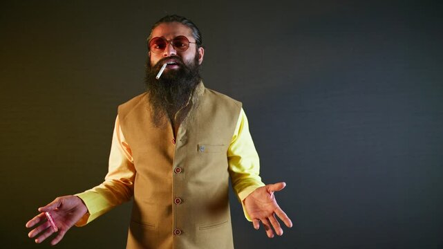 Bearded man wear vest speaks as cigarette in mouth