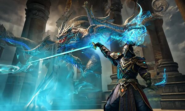A futuristic sci-fi knight wields advanced technology to summon a glowing energy dragon. Perfect for fantasy sci-fi blends, gaming, and storytelling visuals