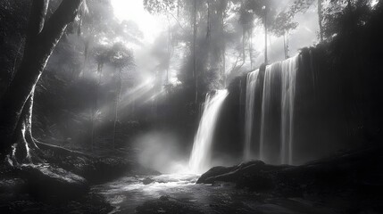 A misty waterfall in a deep jungle, sunlight filtering through ancient trees