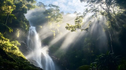 A misty waterfall in a deep jungle, sunlight filtering through ancient trees