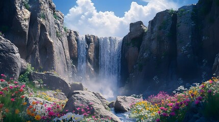 A waterfall surrounded by massive rock formations, wildflowers blooming nearby