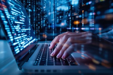 Person typing on laptop with glowing programming code and binary digits on a futuristic blue background, concept of coding, cybersecurity, creative design. Ai generative