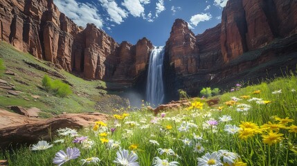 A waterfall surrounded by massive rock formations, wildflowers blooming nearby