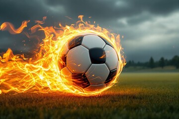 Fototapeta premium Soccer ball engulfed in flames on grassy field, digital creative style, cloudy outdoor background, concept of intense sports action. Ai generative