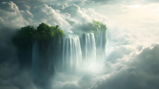 A celestial waterfall flowing from floating islands in the sky, shimmering mist around it - Powered by Adobe