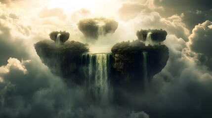 A celestial waterfall flowing from floating islands in the sky, shimmering mist around it