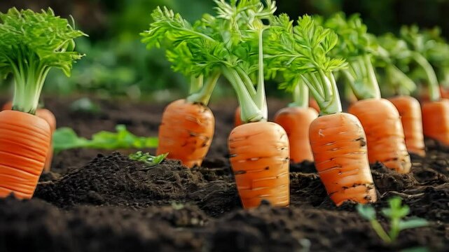 Freshly harvested carrots growing in a vibrant garden at sunset with rich soil in focus