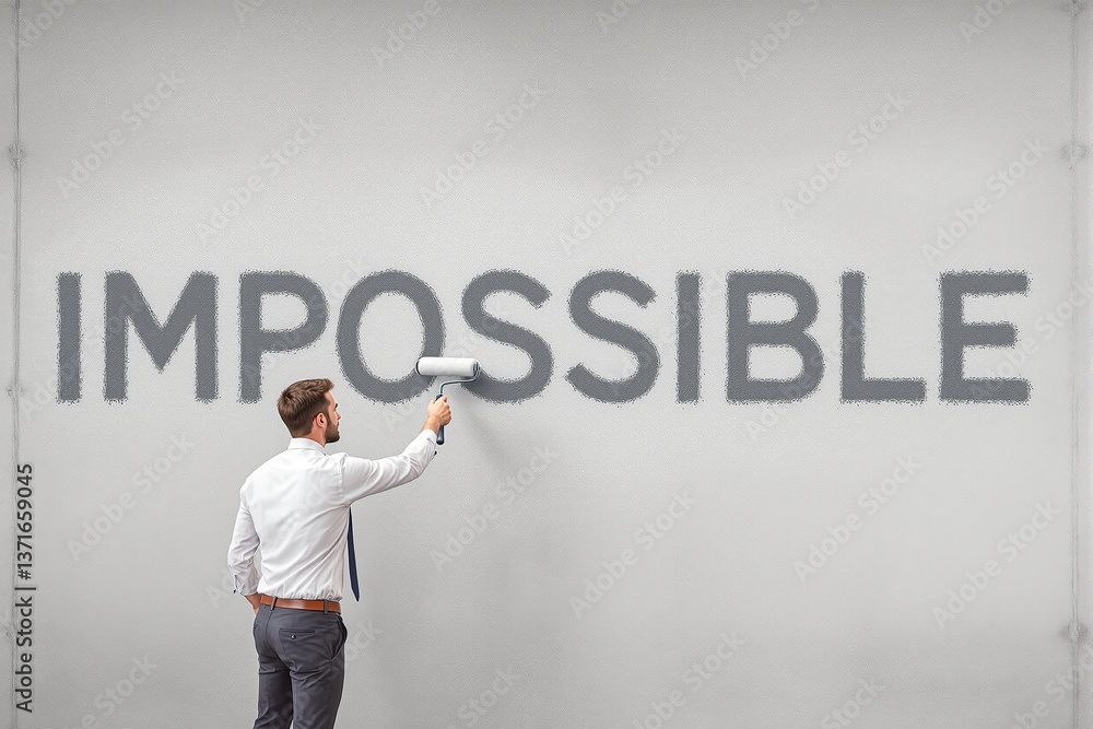 Poster man in business attire paints over impossible on concrete background to make it possible, symbolizin