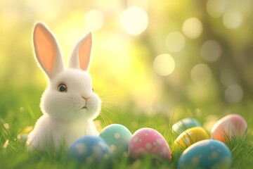 Fototapeta premium Cute Easter Bunny with Colorful Eggs