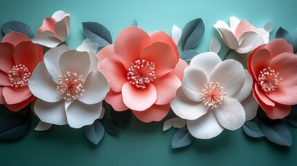 Obraz premium Elegant Floral Arrangement Featuring Delicate Paper Flowers in White and Pink Tones with Textured Leaves.