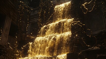 A waterfall made of liquid gold, cascading down ancient ruins covered in vines