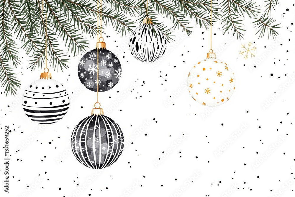 Poster christmas balls hanging from pine branches with dotted and snowflake patterns, creative design style