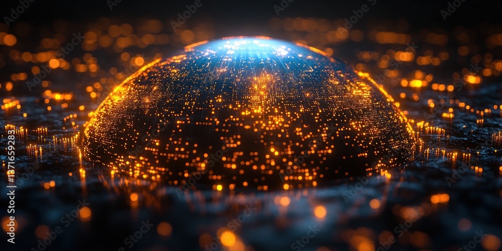 Poster digital earth globe with glowing connections and data integration in dark environment