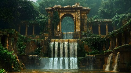 A waterfall made of liquid gold, cascading down ancient ruins covered in vines