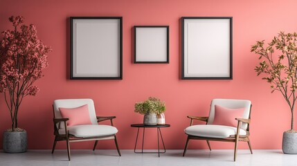 Interior scene showing two armchairs wall art and decor