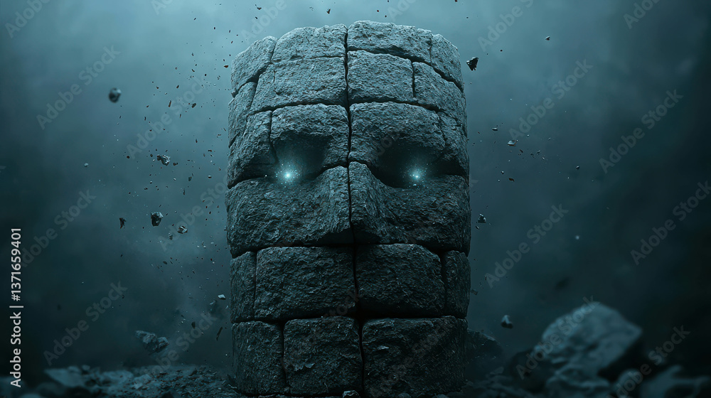 Poster ancient stone face emerging from mist with glowing eyes in a mysterious environment