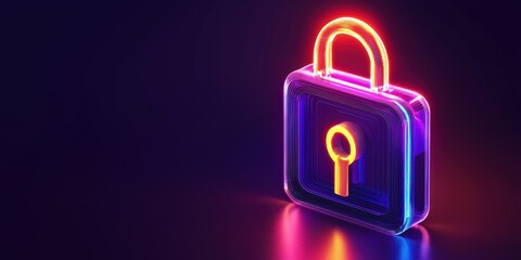 A neon padlock icon with a keyhole, glowing against a dark background, symbolizes security and protection in a modern digital context.