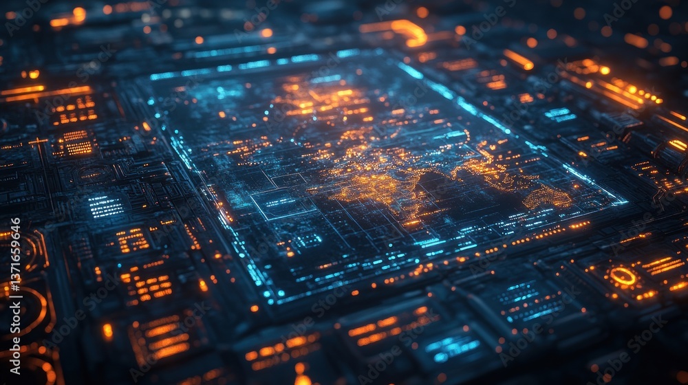 Poster futuristic digital world map cyberpunk interface global network security data connectivity