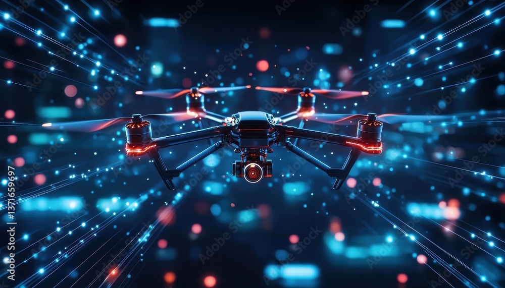 Poster advanced drone navigates through digital space with illuminated pathways and glowing accents, sleek 