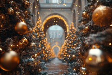 Christmas Scene Luxurious Decorated Tree with Golden Silver Ornaments Fairy Lights Warm Atmosphere Closeup Bokeh Celebration