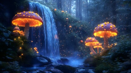 A mystical waterfall where fairies dance around glowing mushrooms