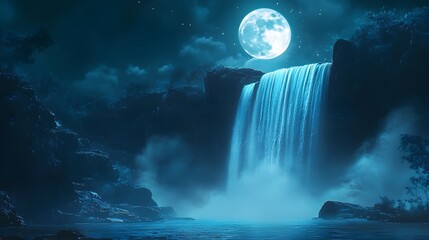 A glowing waterfall under a full moon, with magical energy swirling in the air