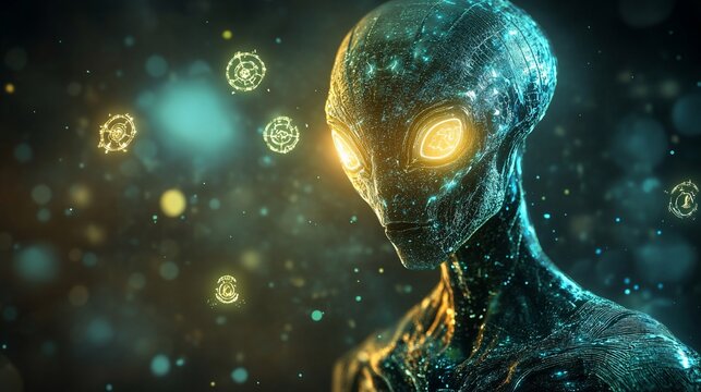 Ethereal Alien Encounter: A Cosmic Being with Glowing Eyes and Symbols