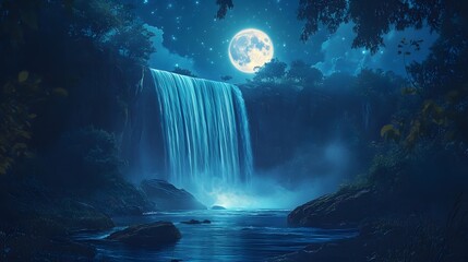 A glowing waterfall under a full moon, with magical energy swirling in the air