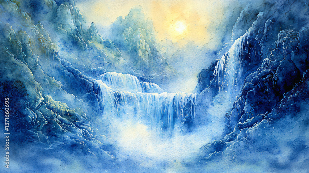 Poster stunning waterfall flowing over rocks in a natural setting glowing with soft ambient light creating 