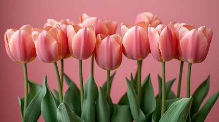 Fototapeta premium Elegant pastel tulip floral arrangement against soft pink backdrop providing a serene floral design element.