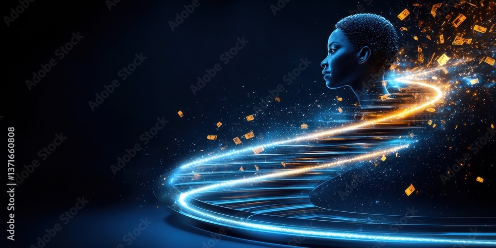 Poster woman with a digital stream, illuminated with futuristic data flow on a tech abstract background.