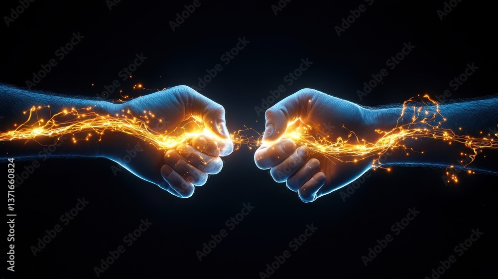 Poster two fists collide in an electric, sparking interaction with golden energy flowing between them on bl