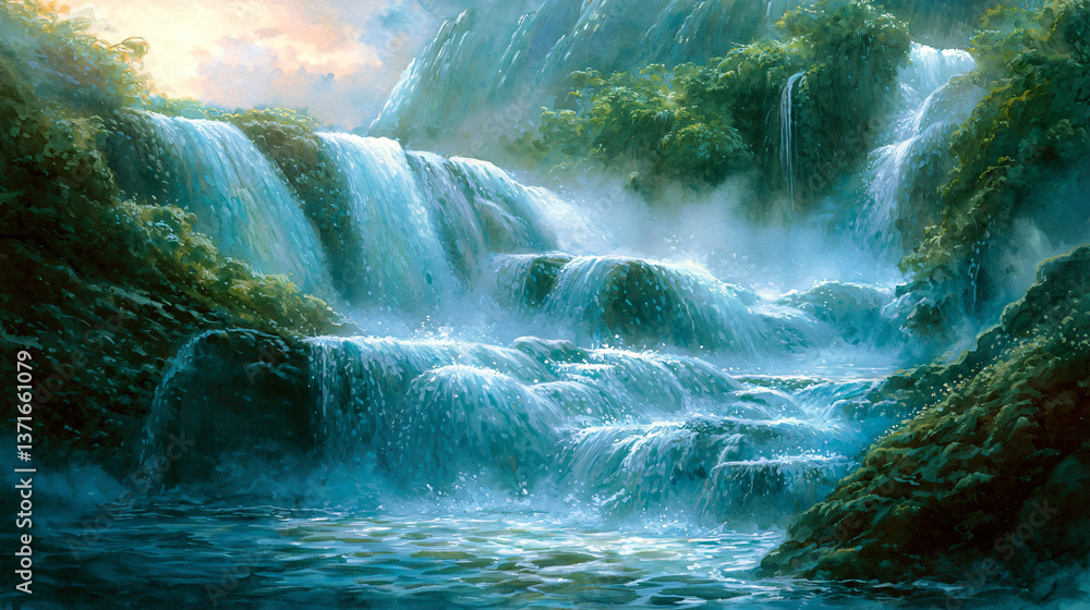 Poster mesmerizing waterfall flowing gracefully in a serene natural environment surrounded by lush foliage 