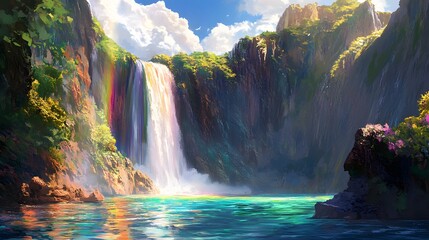 A waterfall with rainbow-colored water, cascading into a crystal-clear lake