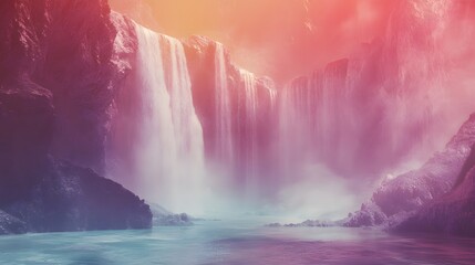 A waterfall with rainbow-colored water, cascading into a crystal-clear lake