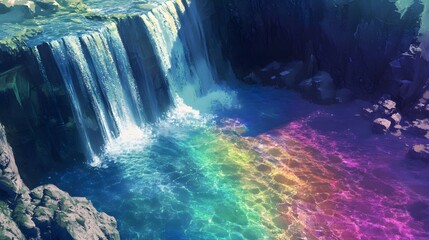 A waterfall with rainbow-colored water, cascading into a crystal-clear lake