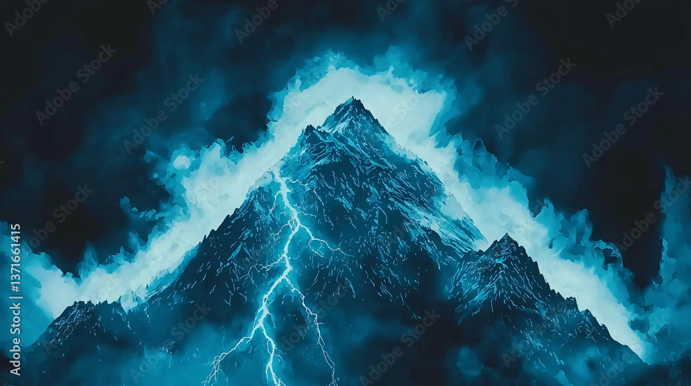 Poster a dramatic scene of a mountain erupting with lightning striking down from the sky creating a mystica