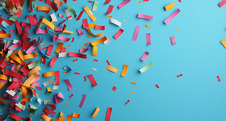 Obraz premium Vibrant confetti cascade on a bright blue backdrop, creating a festive and dynamic scene. capturing the essence of celebration and joy.