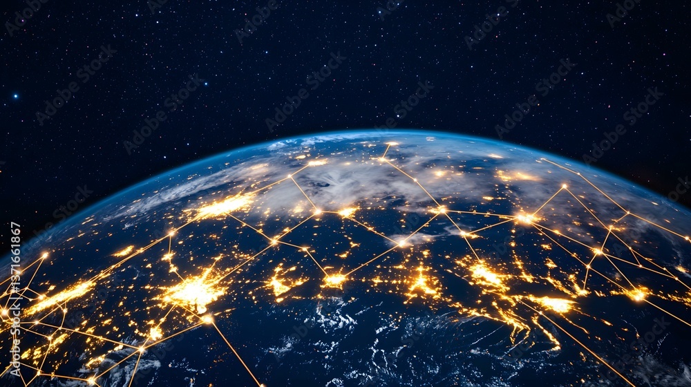 Poster the image shows a nighttime view of earth from space, with glowing city lights interconnected by lin