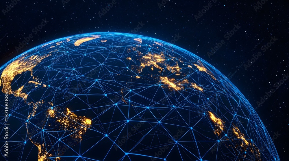 Poster the image shows a digital rendering of earth at night, overlaid with a luminous blue network of inte