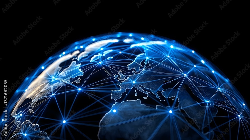 Poster the image shows a digitally rendered globe with a network of glowing blue lines connecting various p