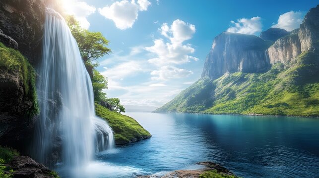 A majestic waterfall plunging into a natural infinity pool overlooking the ocean