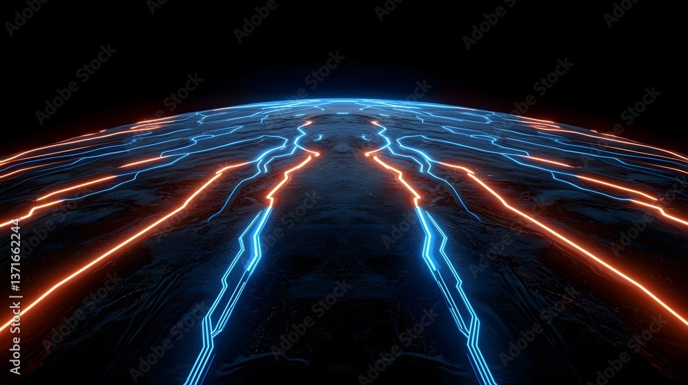 Poster the image shows a dark, textured sphere with bright neon blue and orange lines tracing paths across 