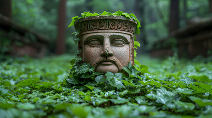 Stone Head Sculpture Overgrown with Green Vegetation in a Forest