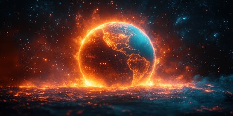 Glowing Earth Globe Digital Connectivity World Network Gold Black Background Cyberpunk Lighting