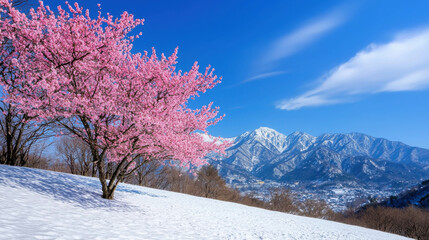 Serene Landscape of Cherry Blossom Tree with Snowy Mountains Under Bright Blue Sky